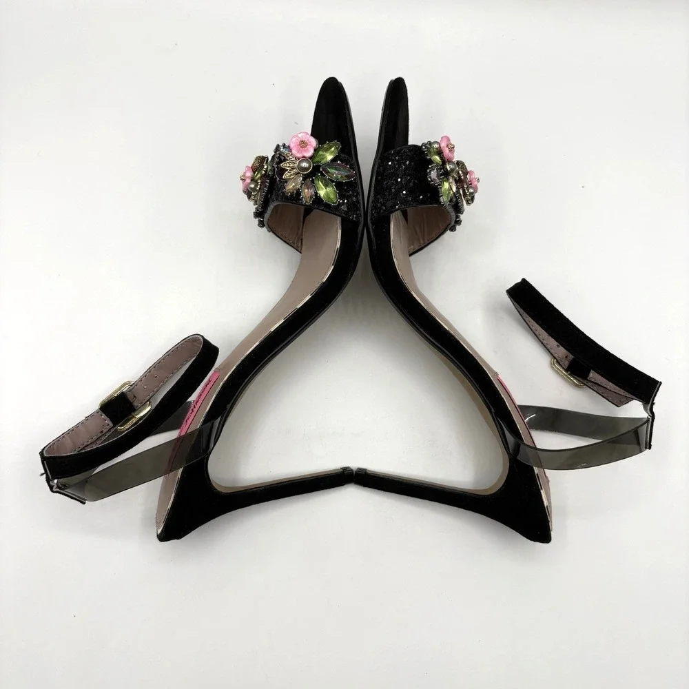 BETSY JOHNSON Alyna Heels Women's Size 6.5-7‎ Black Embellished Ankle Strap NWOB